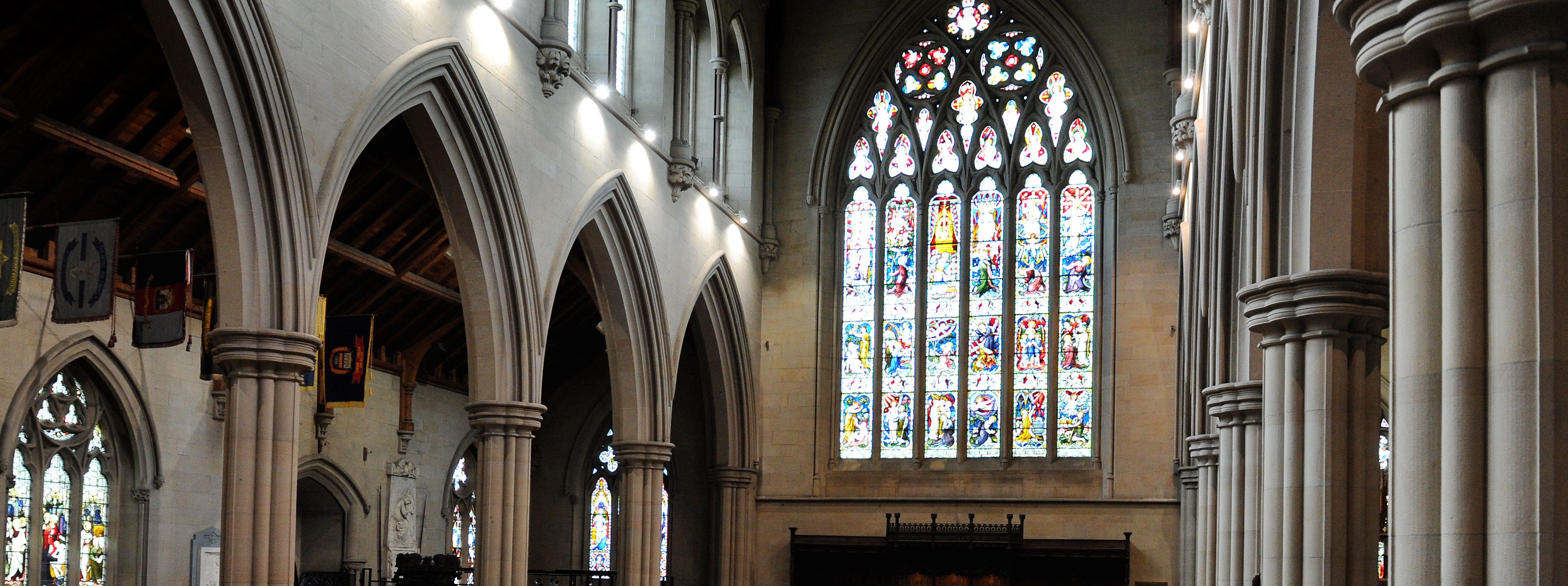 Church interior, pillar and stained glass